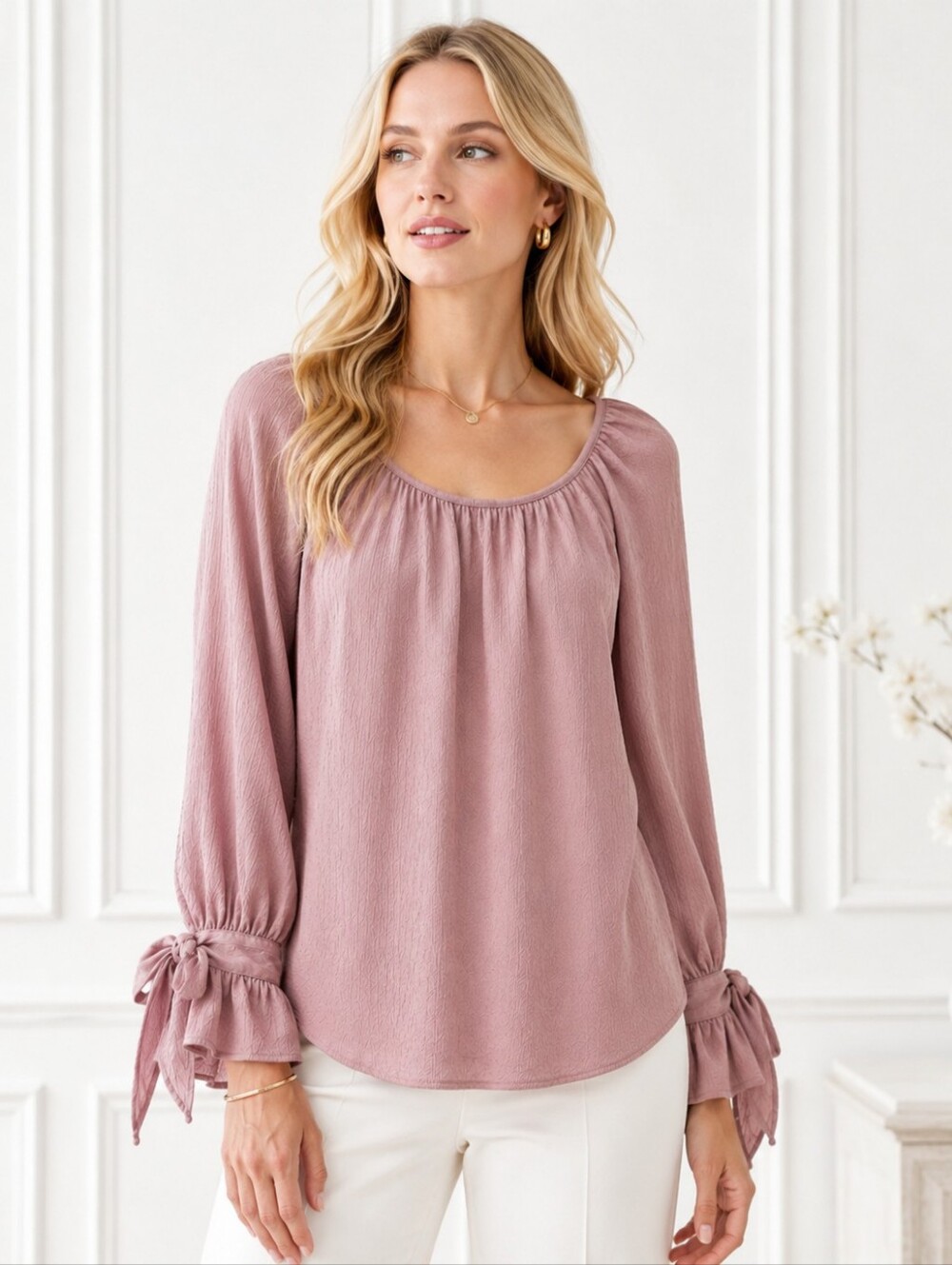 Womens Dusty Rose Long-Sleeve Peasant Blouse